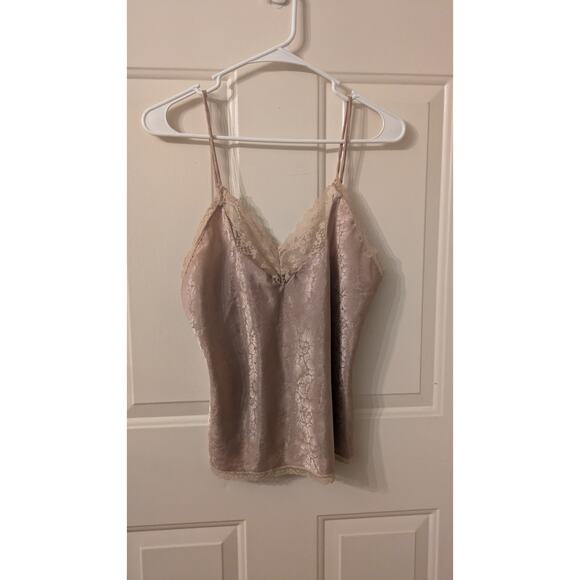 VTG 90s/Y2K Tan Satin Tank Top, Camisole by Ocello, Medium, Floral & Lace - Picture 1 of 6